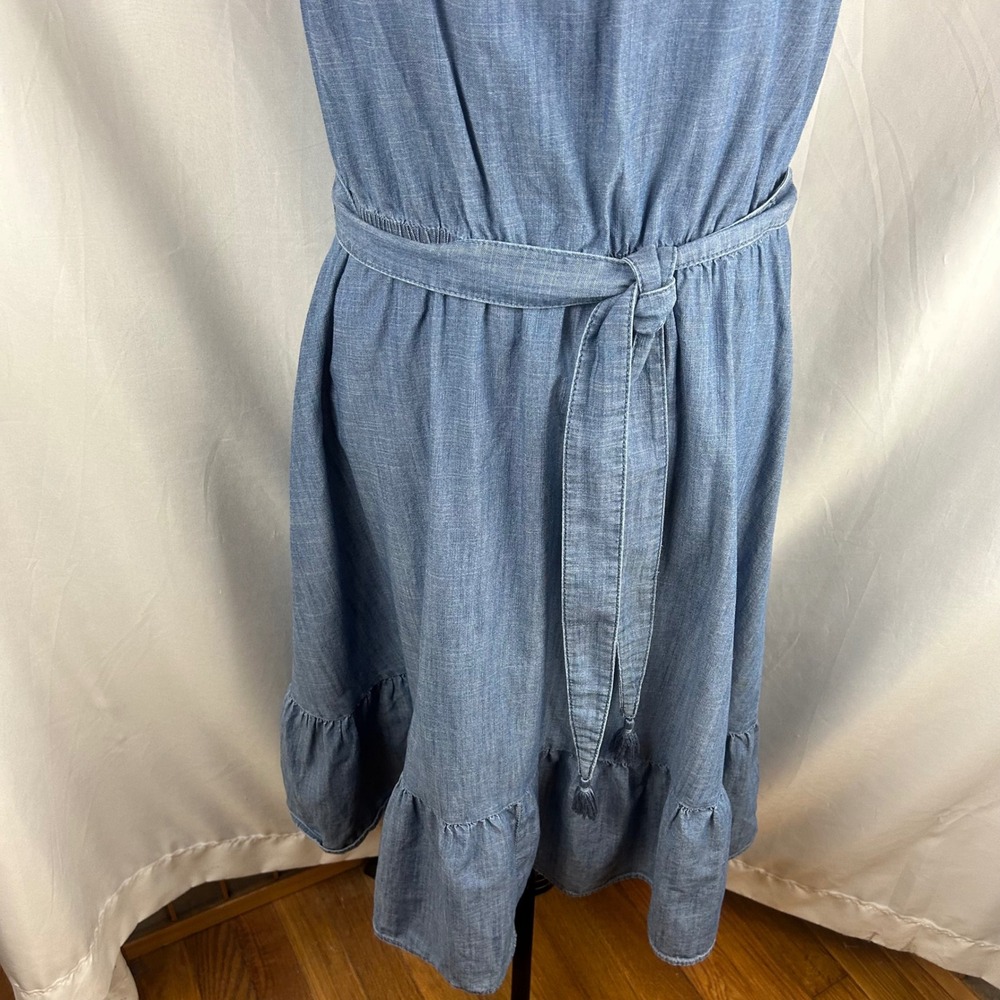 Talbots Blue Cotton Chambray Sleeveless Ruffle Hem Belted Midi Dress Womens 10 - Picture 4 of 11